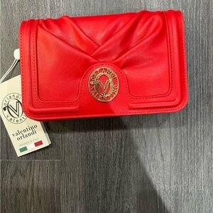 Valentino Orlandi Red Gold Hardware Chain Crossbody Bag Vegan Leather